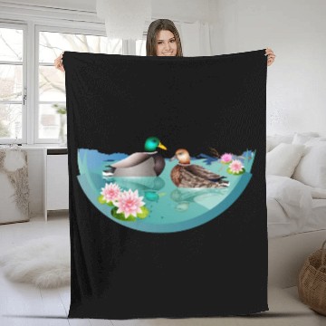 Discover Duck couple in a duck pond with water lilies Fleece Blankets