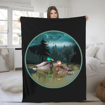 Discover Duck couple in the duck pond at night & moonlight Fleece Blankets