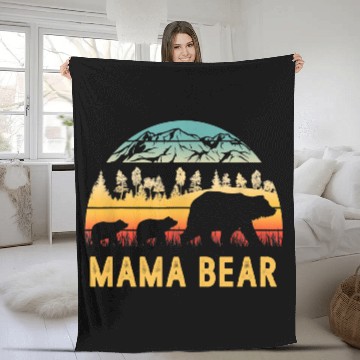 Discover Mama Bear with 2 Cubs Retro Mountains Mother's day Fleece Blankets