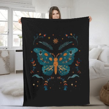 Discover Butterfly Between Flowers Green & Orange design Fleece Blankets