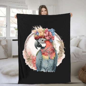 Discover Colorful Parrot Watercolor Macaw Bird Flower Crown Fleece Blankets