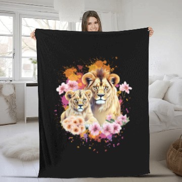 Discover Lion Mom & Son Cubs with Flower Watercolor Fleece Blankets