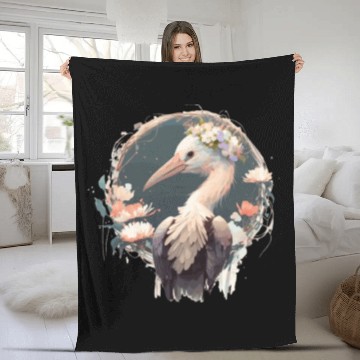 Discover Cute Stork Bird Flower Crown Floral Birds Fleece Blankets