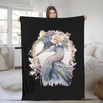 Discover Watercolor Heron Freshwater Bird Watching Flower C Fleece Blankets