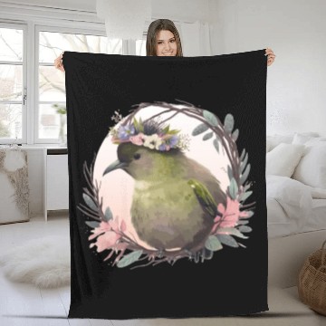 Discover Tropical Kiwi Bird Flower Crown Floral Exotic Bird Fleece Blankets