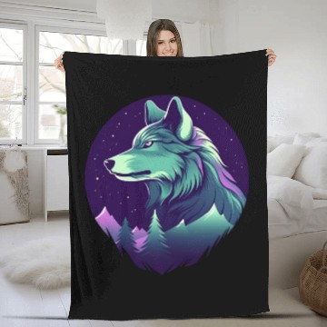 Discover Starry Night Wolf With Northern Light Colors Fleece Blankets