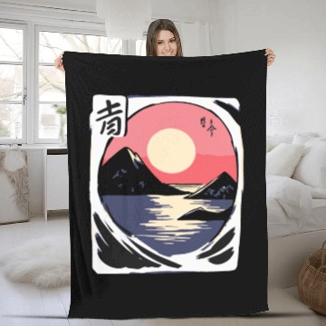 Discover zen cartoons japan nature mountains ocean Fleece Blankets