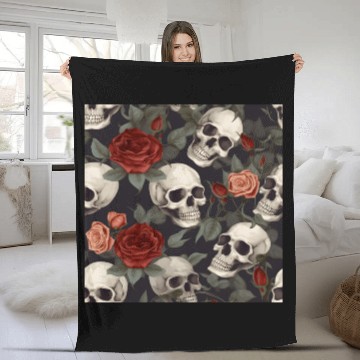 Discover Skulls & Red Roses Pattern Dark Elegant Gothic Fleece Blankets