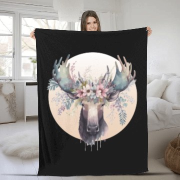 Discover Cute Moose Flower Crown Animal Lovers Fleece Blankets