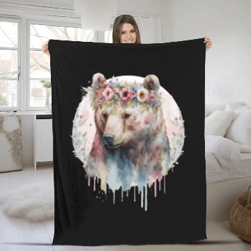 Discover Artistic Watercolor Grizzly Bear Flower Crown Boho Fleece Blankets