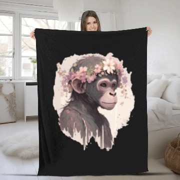 Discover Artistic Watercolor Monkey Flower Crown Floral Ani Fleece Blankets