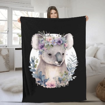 Discover Watercolor Koala Bear Flower Crown Floral Fleece Blankets
