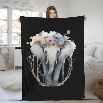 Discover Cute Elephant Flower Crown Floral Boho Aesthetic Fleece Blankets
