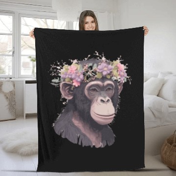 Discover Cute Chimp Chimpanzee Flower Crown Floral Ape Monk Fleece Blankets