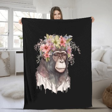 Discover Cute Monkey Flower Crown Floral Watercolor Fleece Blankets