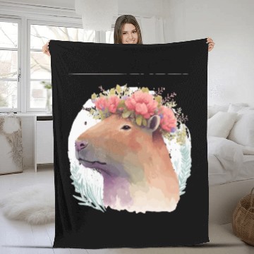 Discover Watercolor Capybara Rodent Flower Crown Animal Lov Fleece Blankets
