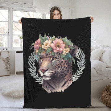 Discover Watercolor Jaguar Flower Crown Wild Cat Lover Fleece Blankets