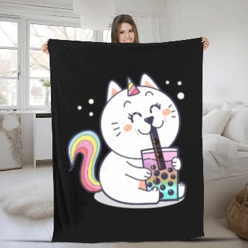 Discover Bubble Tea Cute Kawaii Unicorn Cat Japanese Fleece Blankets