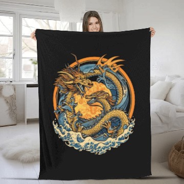 Discover Vintage Japanese Dragon Sun Tattoo Design 1 Fleece Blankets