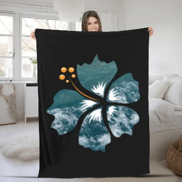 Discover Hibiscus Flower On Blue Ocean Waves Background Fleece Blankets