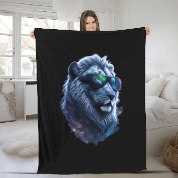 Discover Silver Lion in Space: The Coolest Cat with Shades Fleece Blankets