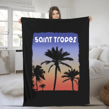 Discover Saint Tropez Sunset Vacation Souvenir Palm Tree Fleece Blankets