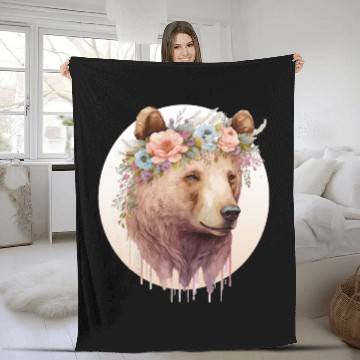Discover Watercolor Brown Bear Grizzly Flower Crown Wild An Fleece Blankets