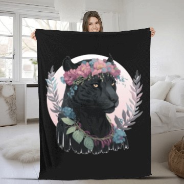 Discover Cute Black Watercolor Panther Flower Crown Boho Ae Fleece Blankets
