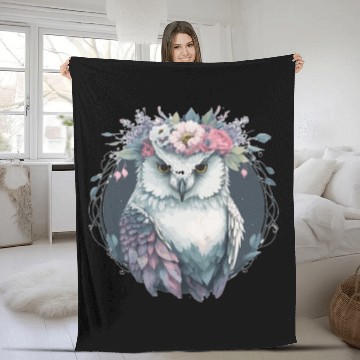 Discover Cute Snow Owl Bird Flower Crown Floral Birds Fleece Blankets