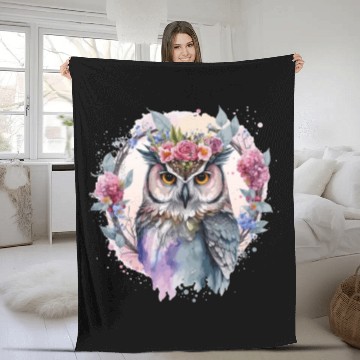 Discover Watercolor Owl Flower Crown Artistic Floral Birds Fleece Blankets
