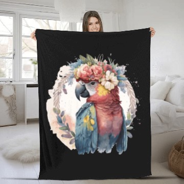 Discover Watercolor Parrot Macaw Bird Flower Crown Pet Bird Fleece Blankets