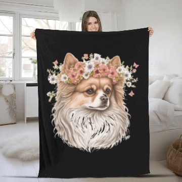 Discover Cute Pomeranian Pom Flower Crown Pet Dog Breed Flo Fleece Blankets
