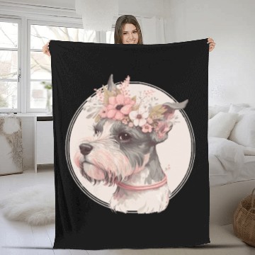 Discover Cute Miniature Mini Schnauzer Flower Crown Pet Dog Fleece Blankets