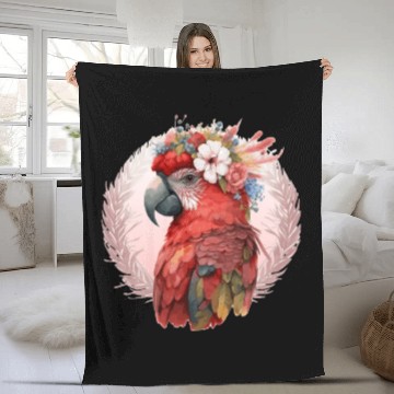 Discover Red Scarlet Macaw Flower Crown Parrot Watercolor B Fleece Blankets