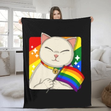 Discover Cute Cat Holding LGBTQ Pride Flag Fleece Blankets