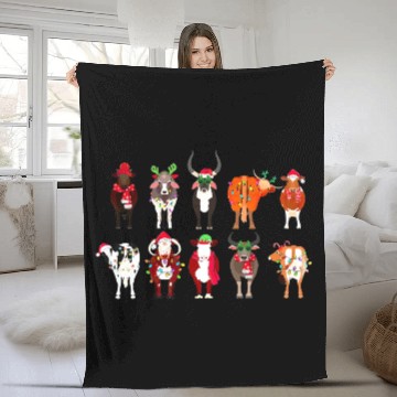 Discover Christmas Cows Farmer Heifer Bull Highland Cow Fleece Blankets