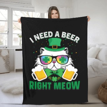 Discover St Patric Day Cat I Need A Beer Right Meow Fleece Blankets