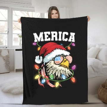 Discover Merica Usa Flag Patriotic Veteran Santa Bald Eagle Fleece Blankets