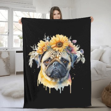 Discover Cute Pug Sunflower Dog Breed Pet Puppy Fleece Blankets