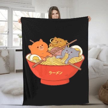 Discover Kawaii Anime Cat Japanese Ramen Noodle Fleece Blankets