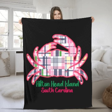 Discover Hilton Head Island Preppy Plaid Crab Fleece Blankets