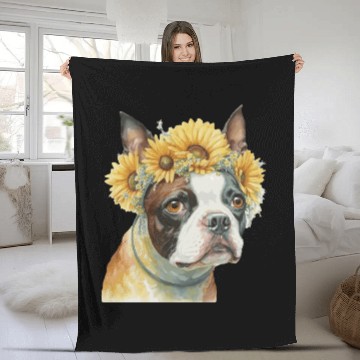 Discover Cute Boston Terrier Sunflower Dog Breed Pet Puppy Fleece Blankets