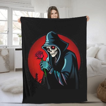 Discover Symbolic Contrast A Grim Reaper Embracing a Rose Fleece Blankets