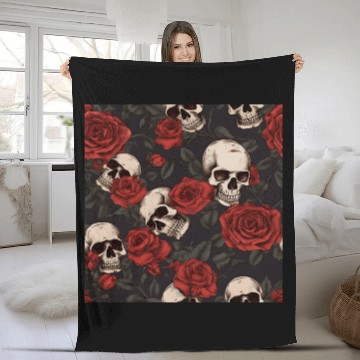 Discover Skulls & Red Roses Dark Gothic Elegant Pattern Fleece Blankets