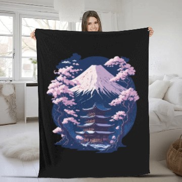 Discover Mount Fuji and a Temple With Cherry Blossoms Fleece Blankets