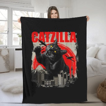 Discover Catzilla Vintage Funny Cute Cat Art Japanese Sunse Fleece Blankets