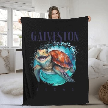 Discover Galveston Texas Watercolor Happy Sea Turtle Fleece Blankets
