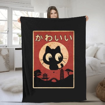 Discover Vintage Kawaii Cat Japanese Black Anime Fleece Blankets