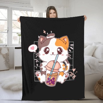 Discover Cat Boba Tea Bubble Tea Kawaii Anime Japanese Fleece Blankets