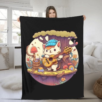 Discover Cute Kawaii Cat Playing Guitar Banjo On Log Fleece Blankets